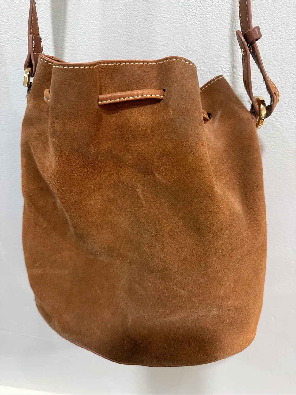 J. McLaughli Suede Leather Drawstring Hobo Bucket Brown Crossbody Bag Purse - Picture 4 of 13